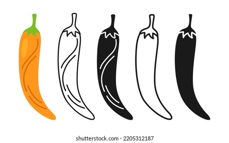 Red chilli pepper cartoon linear symbol set, doodle style, silhouette. Fresh vegetable icon, organic healthy food spice spicy pepper design. Agricultural vegetarian kitchen, farm market vector