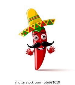 Red chilli pepper character with sombrero hat on white background