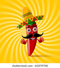 Red chilli pepper character with sombrero hat on twisted background