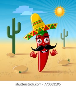 Red chilli pepper character with sombrero hat in front of natural desert scenery in Mexico