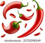 Red chilli pepper in different positions. slice and ring of hot vegetable spice Hot spicy chilli peppers compositions 3d ripe chili on white background.