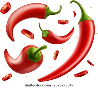 Red chilli pepper in different positions. slice and ring of hot vegetable spice Hot spicy chilli peppers compositions 3d ripe chili on white background.