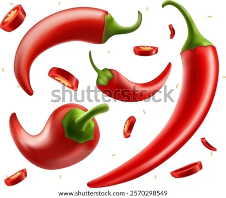 Red chilli pepper in different positions. slice and ring of hot vegetable spice Hot spicy chilli peppers compositions 3d ripe chili on white background.