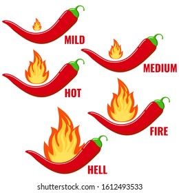 Red chilli pepper in fire flame icon vector set isolated on white background. Flat design cartoon style infographic level of spiciness illustration. Mild, medium, hot, fire, hell chilli pepper strengt