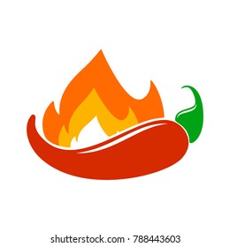Red chilli pepper with fire isolated on white background. Vector food illustration.