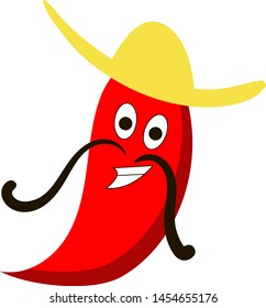 Red chilli pepper with hat and mustache, illustration, vector on white background.