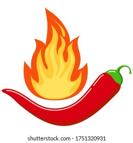 Red chilli pepper with hot burning fire flame icon isolated on white background. Flat design cartoon style fresh ripe organic vegetable logo vector illustration. Spicy hot chilli pepper burn food concept