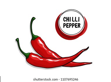 Red chilli pepper isolated on white background. Healthy organic food. Image with shadow for culinary products and recipes vector illustration. Vegetarian food drawing. Super hot chilli pepper.