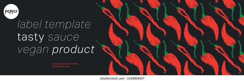 Red chilli pepper label template with vector pattern seamless. Hot peppers illustration for pepper sauce, spice packaging design. Abstract organic vegetable background. Vegan food banner.