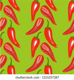 Red chilli pepper seamless pattern. Colorful peppers isolated on green background.