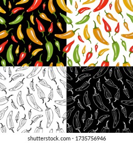 Red chilli pepper seamless pattern set. Colorful peppers whole and cut. Chilli peppers texture set.