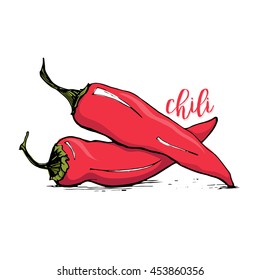 Red chilli pepper sketch style vector illustration isolated on white background. Spicy chili