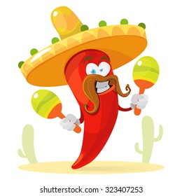 Red chilli pepper in a sombrero playing the maracas