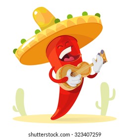 Red chilli pepper in a sombrero plays guitar