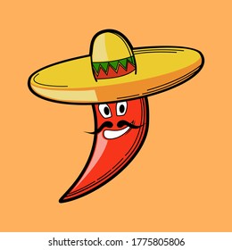 Red chilli pepper in a sombrero. vector illustration