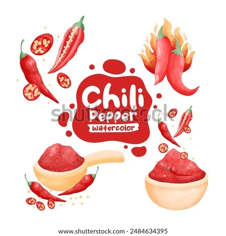 Red chilli pepper watercolor elements isolated on white background. Vector illustration.