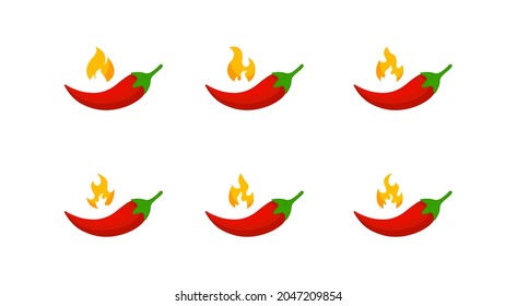 Red chilli peppers in fire flame vector collection isolated on white background. Red pappers set. Chili papper strength  level indicator. Mild spicy hot pappers. Peppery levels. Vector graphic. EPS 10