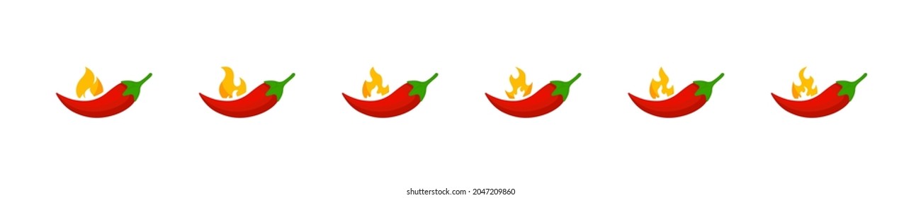 Red chilli peppers in fire flame vector collection isolated on white background. Red pappers set. Chili papper strength  level indicator. Mild spicy hot pappers. Peppery levels. Vector graphic. EPS 10