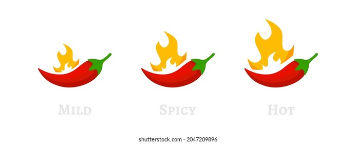 Red chilli peppers in fire flame vector collection isolated on white background. Chili papper strength  level indicator. Mild spicy hot pappers. Different spicy levels of papper. Peppery levels EPS 10