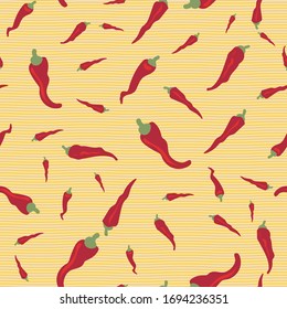 Red chilli peppers seamless vector pattern on a yellow background. Spicy cooking ingredient surface print design. For fabrics, stationery and packaging.