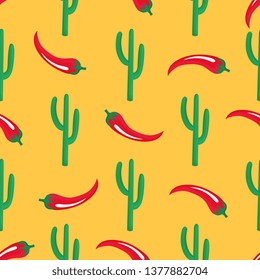 Red chilli pod and cactus. Mexican seamless pattern. Can be used as wallpaper, wrapping paper, packing, textiles.