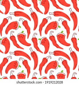 red chilli Seamless pattern with on a white background. Vector illustration of ingredients for food background in a flat doodle style.