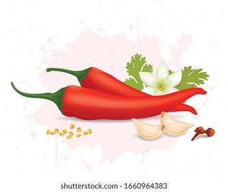 Red chilli vector illustration with garlic cloves and coriander leaves