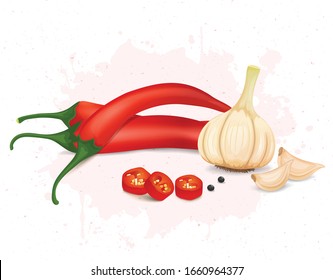 Red chilli vegetable with Garlic and garlic cloves vector illustration