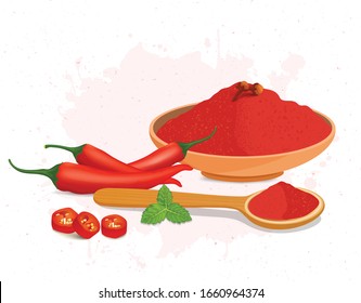 Red Chilli vegetable with red chilli powder, mint leaves and chilli slices vector illustration