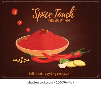 Red chilli vegetable  with chilli powder vector illustration on a dark red background