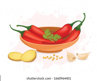 Red chillies vegetable in a wooden bowl with garlic cloves and ginger pieces