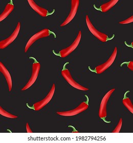 Red chillii jalapenio peppers on black backgroung hand-drawn vector seamless pattern. Minimalist food pattern