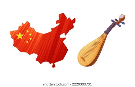 Red China Border Map with Yellow Stars and Pipa as Traditional Cultural Chinese Symbol Vector Set