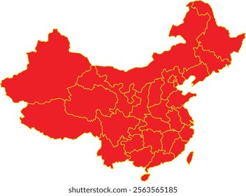 Red China Map with Yellow District Borders Asian Country