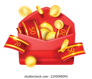 Red Chinese 3D lottery envelope, flying golden money coins, sale voucher, lucky coupon gift. Giveaway promo discount, holiday promotion advertisement oriental design. Open red envelope, paper ticket