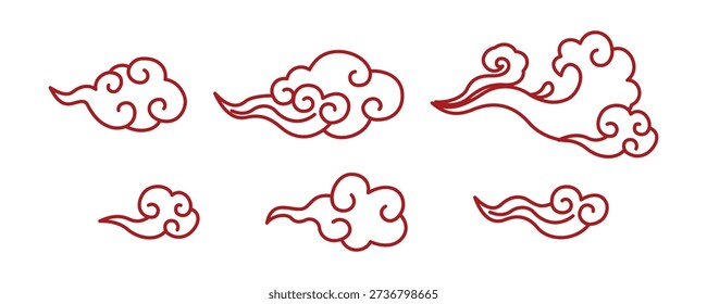 Red Chinese auspicious cloud pattern set. Traditional oriental xiangyun swirl ornaments.