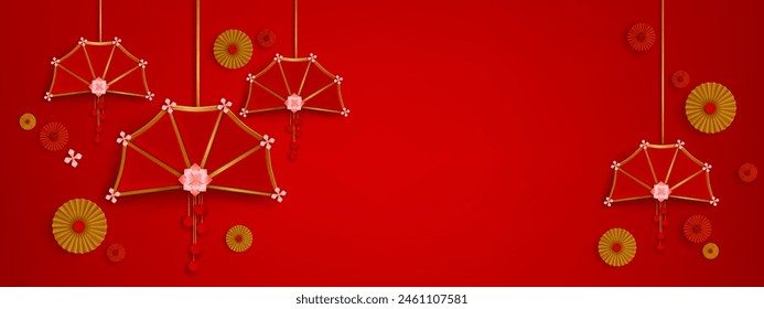 Red Chinese background with paper fan and flowers. Realistic 3d vector illustration of oriental bg with traditional decorative elements for New Year congratulation or promotion banner design.