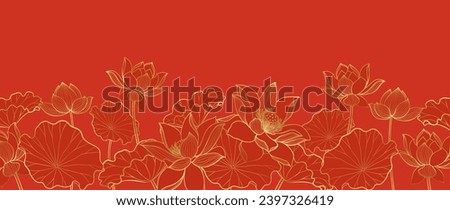 Red Chinese background pattern withe lotus line arts for new years celebrations oriental background. Vector illustration