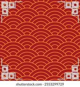 Anuncio chino rojo con patrones ondulados y esquinas geométricas blancas, perfecto para espacio de copia. Año Nuevo chino