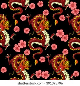 Red Chinese Dragon and Cherry on a black background. Vector seamless pattern