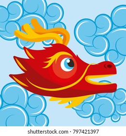 red chinese dragon head cute blue clouds cartoon style