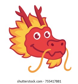 Red Chinese Dragon Head Icon In Cute Cartoon Style. Chinese New Year Symbol, Vector Illustration.