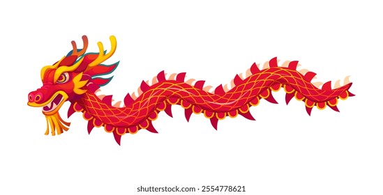 Red Chinese dragon, Lunar new year holiday character symbolizing power, strength, and luck. Isolated cartoon vector traditional creature embodies cultural heritage and myth, celebrated during festival