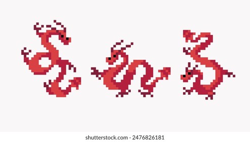 Red Chinese dragon pixel art set. Asian ethnic creature in different poses collection. 8 bit. Game development, mobile app. Isolated vector illustration. 