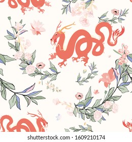 Red Chinese dragon surrounded by tropical flowers on beige seamless vector pattern. Picture with a mythical animal. EPS10