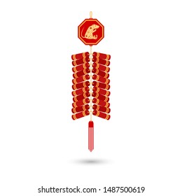 Red chinese firecracker flat icon. Vector illustration. Red fire cracker art design with chinese zodiac sign year of rat.