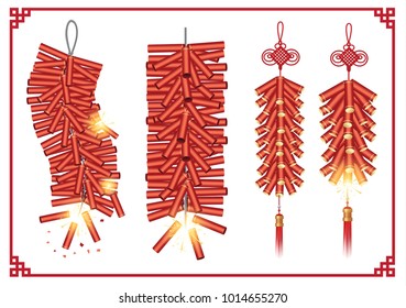Red Chinese Firecrackers collection in vector style on white background with frame. 