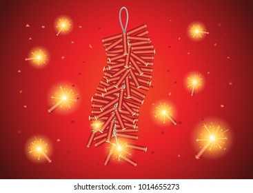 Red Chinese Firecrackers start explosive on red background. vector object about traditional festival of china.