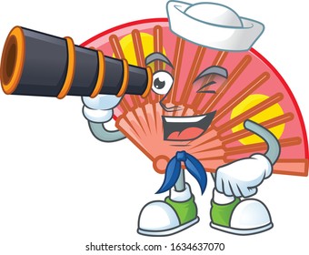 Red chinese folding fan cartoon happy Sailor style with binocular