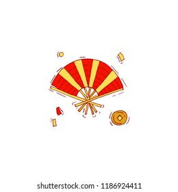 Red Chinese folding fan on white background.Vector illustration design for Chinese New Year card or background.Hand draw traditional decor